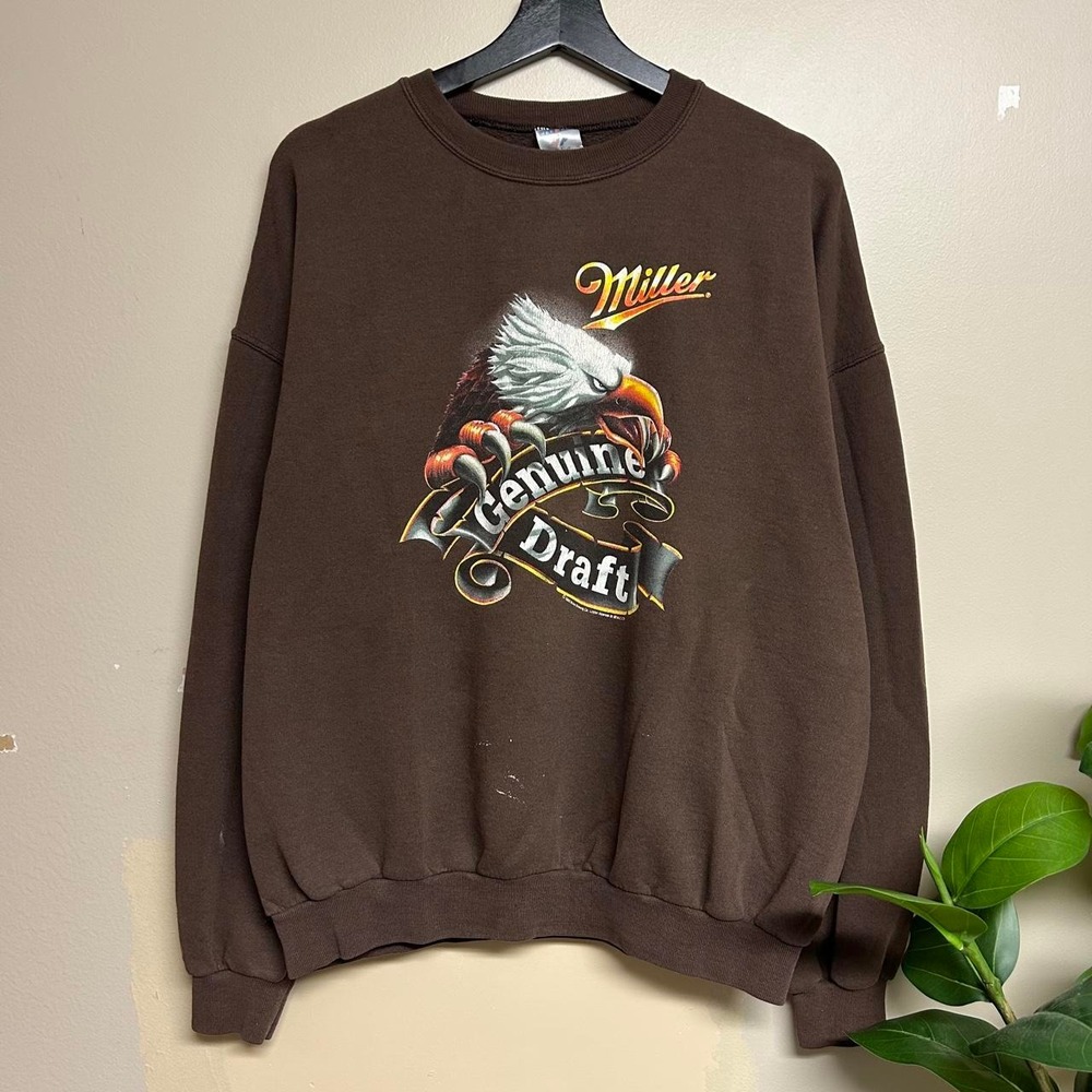 Vintage 90s Miller Genuine Draft Eagle Sweatshirt Brown Jerzees Mens XL Boxy
